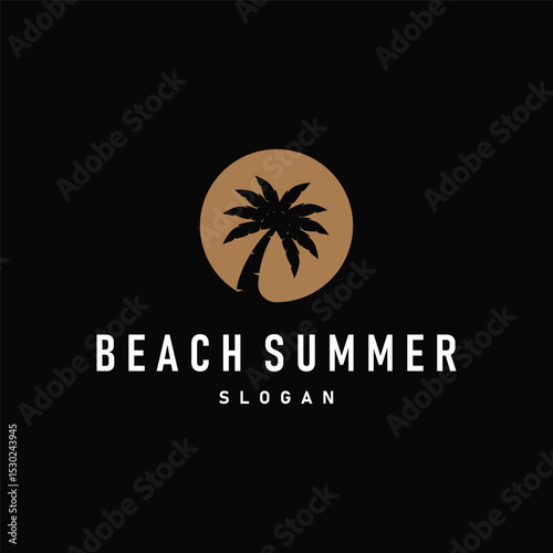 summer beach logo simple minimalist design coconut tree with black minimalist silhouette with beach atmosphere illustration template concept symbol