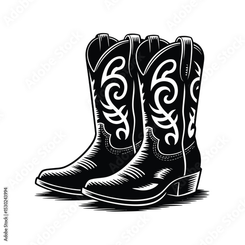 Pair of Ornate Cowboy Boots Black and White Illustration Style
