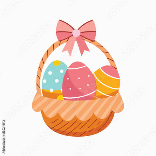 Colorful easter eggs in a woven basket with bow festive spring season celebration