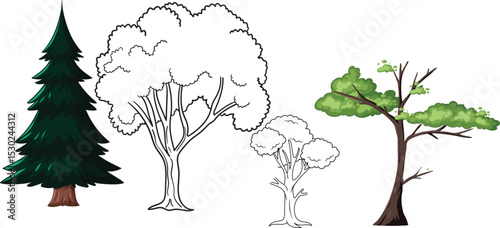 Architectural Drawings, Minimal style cad tree line drawing, Side view, set of section wetland forest outline for landscape design drawing. Vector illustration in seperate element
