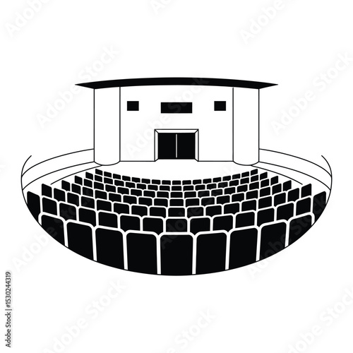 Black and White Illustration of an Auditorium with Rows of Seats