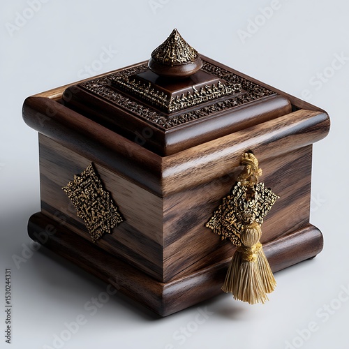 Ornate Wood Box with Golden Ornamentation and Tassel Detail against White Background