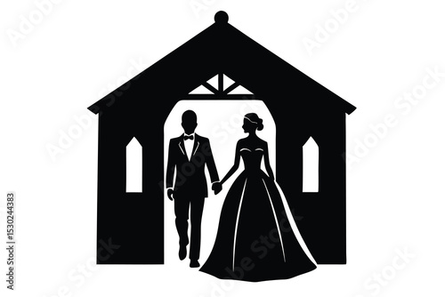 Silhouette of bride and groom exiting wedding venue