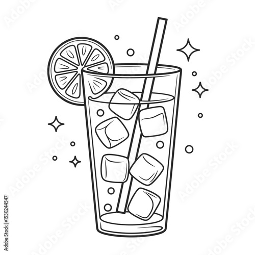 Black and White Illustration of a Refreshing Drink with Ice and Lemon