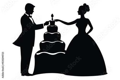 Silhouette bride and groom cutting wedding cake