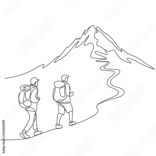 Continuous Line Art Two Hikers Climbing a Mountain Trail