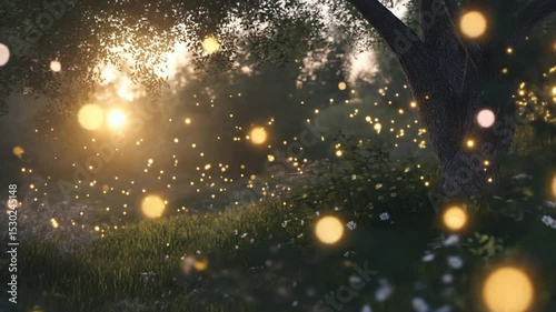 Magical meadow illuminated by fireflies golden glow