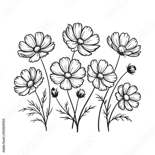 Wildflower Line Art Drawing – Hand-Drawn Floral Bouquet Vector Design