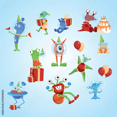 Funny aliens with presents balloons in birthday party hats tasting tier cake cartoon characters set illustration astronomical star sweet martian scary mascot humanoid futuristic little spooky