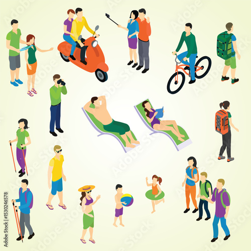 People Isometric Travel Set sightseeing group friendship caucasian bonding togetherness walk departure leisure activity young adult