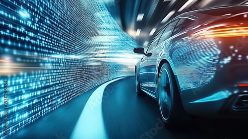Futuristic car driving through digital data road with blue-gray gradient background and abstract transparent water glass pattern, symbolizing speed and innovation in high-resolution technology concept