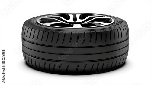 Black Car Tire with Chrome Rim Isolated on White Background for Automotive and Transportation Needs