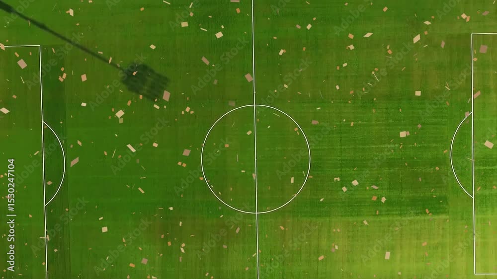 Confetti drifting and view zooming out from pitch circle, revealing floodlight shadow and stands Confetti drifting and view zooming out from pitch circle, revealing floodlight shadow and stands