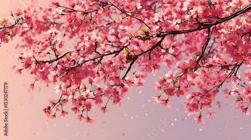 of Blossom Tree Branches With Pink Flowers on Gradient Background