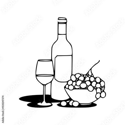 wine bottle and grapes still life illustration