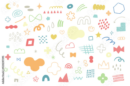 手描きの落書きアイコン・図形素材セット　抽象　ベクター　ポップ　イラスト　デザイン　ラフ　かわいい