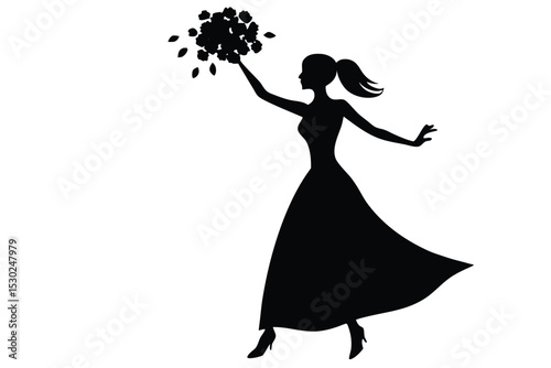 Bride silhouette throwing wedding bouquet illustration