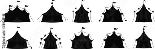 Circus tent silhouette vector set, carnival pavilion illustrations, vintage striped tents with flags, festival marquee icons, black fairground design collection

 flat vector illustration