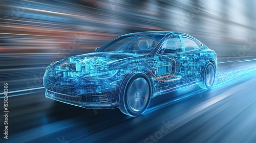 Futuristic car driving through digital data road with blue-gray gradient background and abstract transparent water glass pattern, symbolizing speed and innovation in high-resolution technology concept