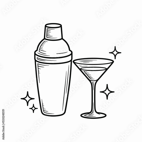 Cocktail Shaker and Martini Glass Outline with Sparkle Accents