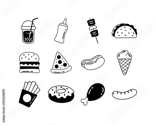 Set of hand-drawn fast food and drink beverage icons representing various tasty treats