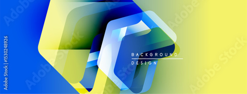 Abstract geometric shapes, vibrant colors blend. Modern design elements create dynamic visual effect. Gradient transitions dominate composition.
