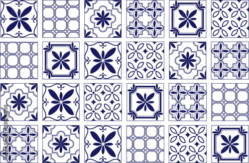 Seamless Mediterranean Italian geometric pattern. Vector blue and white illustration of Italian tiles, ceramics, azulejos, patterns, mosaics, ornaments for backgrounds, textiles, or banners.