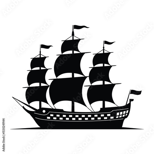 Silhouette of a Three Masted Sailing Ship on White Background