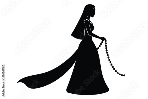 Silhouette of bride walking with prayer beads