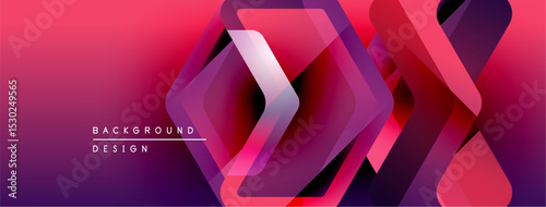 Abstract geometric shapes overlap vibrant pink, purple gradients. Modern design suggests technology, innovation, energy. Background features text elements.