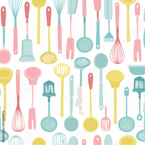 Seamless vector pattern of kitchen utensils like spoons, whisks, and spatulas in modern flat style.