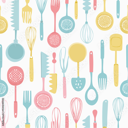 Seamless vector pattern of kitchen utensils like spoons, whisks, and spatulas in modern flat style.