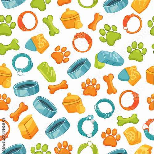 Seamless vector pattern of pet toys, bowls, collars, and paw prints in a fun layout on white.