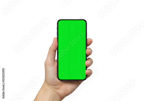 Hand Holding Smartphone with Green Screen Isolated on White or Transparent Background