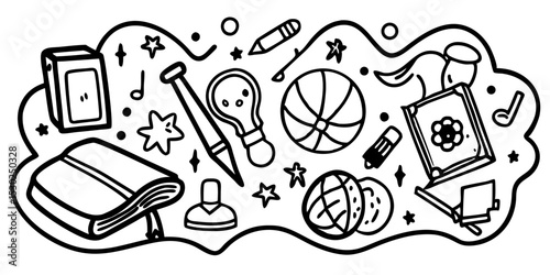 Hand drawn doodle collection of school and play items