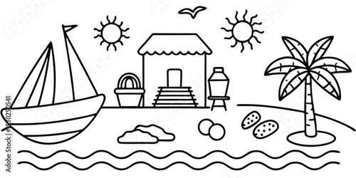 Simple line drawing of beach scene with boat and hut