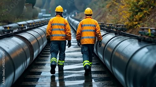 Workers inspect a large pipe system along a walkway in a busy industrial area at dusk