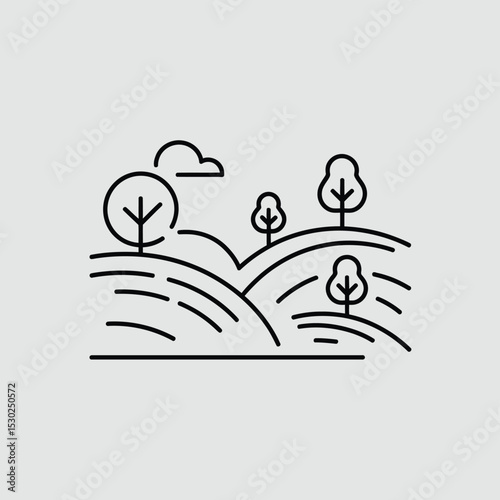 Minimalist Landscape Illustration of Rolling Hills with Trees and Cloud
