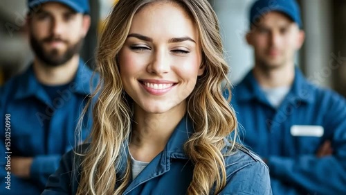 Skilled professionals in uniforms share pride and teamwork at industrial facility