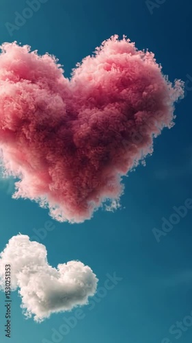 Pink heart-shaped clouds floating in blue sky create a dreamy atmosphere during a serene afternoon