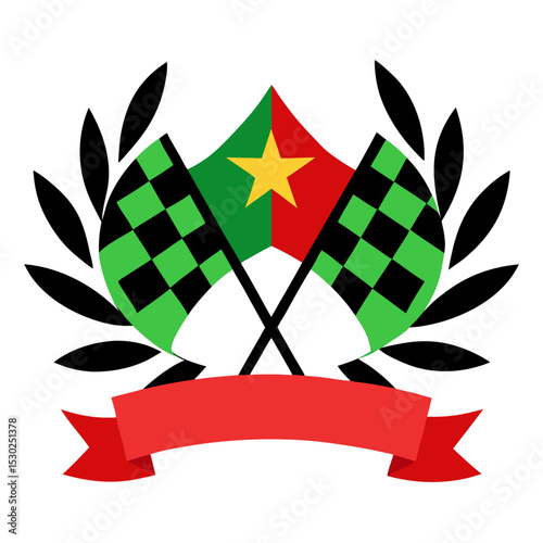 Racing championship emblem with crossed flags and laurel wreath