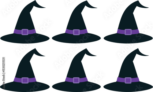Six Witch Hats with Purple Bands for Halloween Decorations or Party Favors