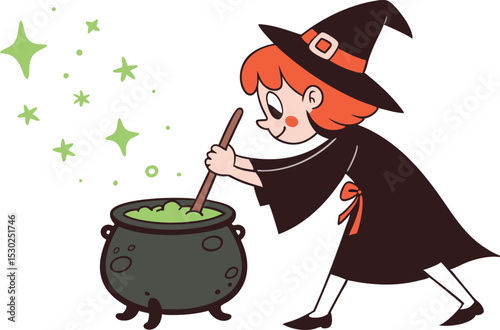 Cartoon Witch Stirring Cauldron with Green Potion and Stars for Halloween