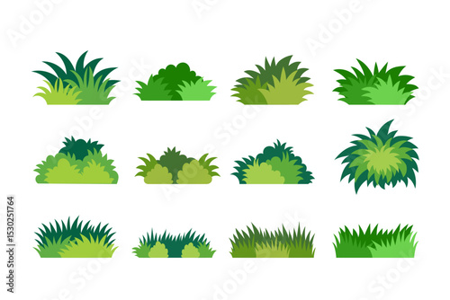 Set of green grass growing wildly and bushes in different shapes