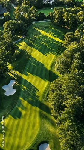 Beautiful aerial view of a lush golf course surrounded by trees in the late afternoon sun