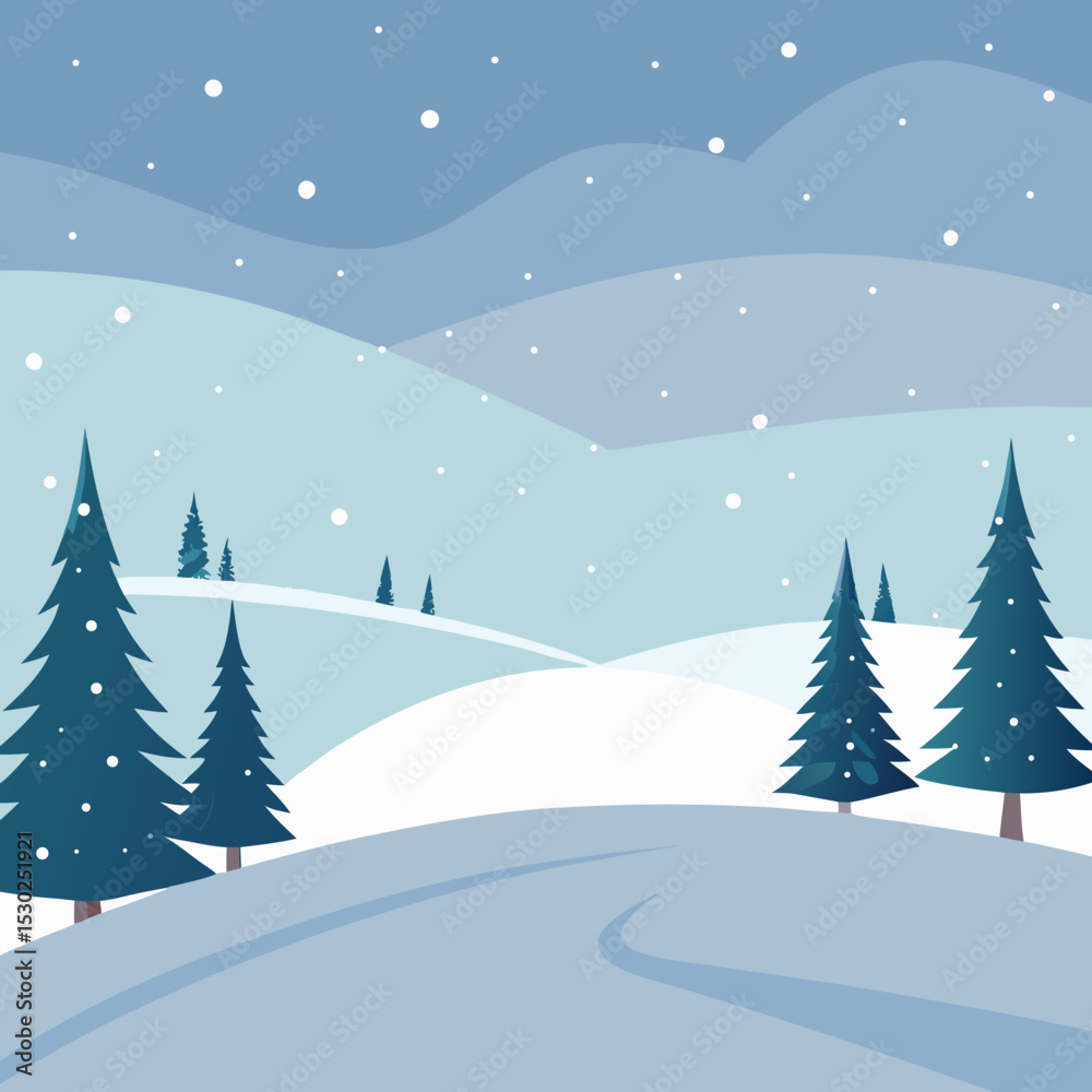Obraz premium Minimalist winter landscape illustration with snow-covered hills and scattered pine trees