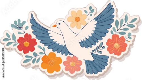 Retro sticker with dove and flowers. Vintage groovy print with flying bird, floral pattern. Symbol of peace and hope in hippie 70s style,60s, 70s, doodle, flying, funky, graphic, peace, print, sticker