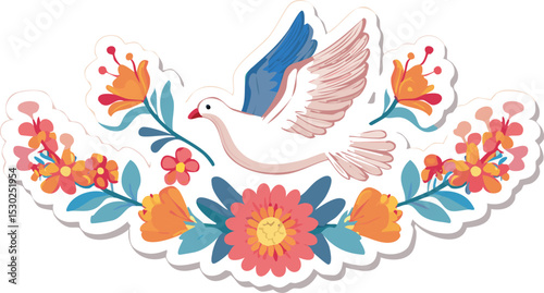Retro sticker with dove and flowers. Vintage groovy print with flying bird, floral pattern. Symbol of peace and hope in hippie 70s style,60s, 70s, doodle, flying, funky, graphic, peace, print, sticker