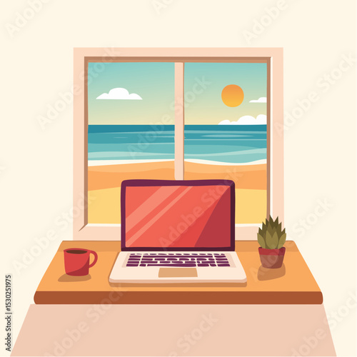 A laptop sits on a desk overlooking a beach scene through a window, ideal for remote work.