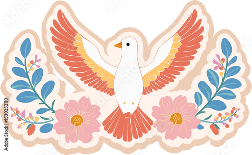 Retro sticker with dove and flowers. Vintage groovy print with flying bird, floral pattern. Symbol of peace and hope in hippie 70s style,60s, 70s, doodle, flying, funky, graphic, peace, print, sticker